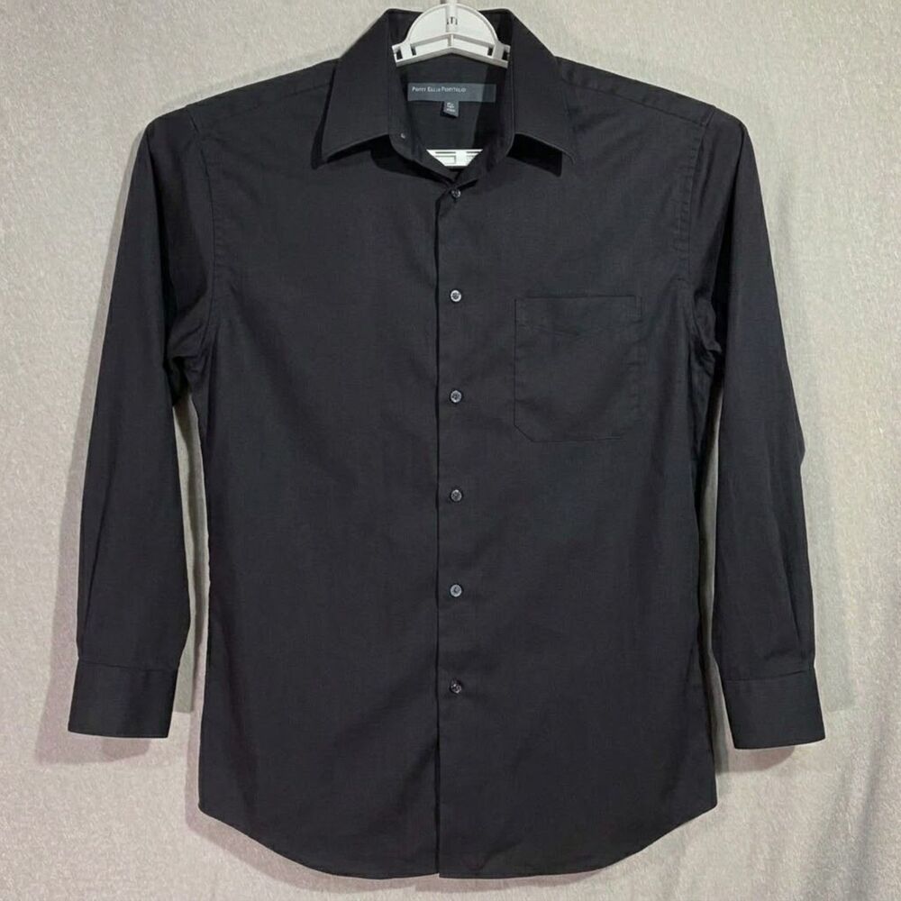 Perry Ellis Portfolio Pinstripe Long Sleeve Dress Shirt in Black Size Medium